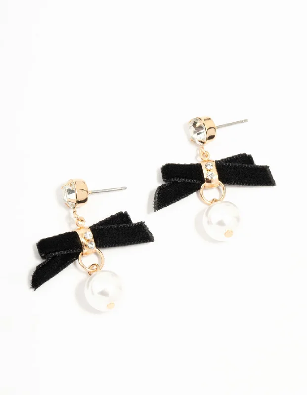 Personalized earrings with birthstones-Black Velvet Bow & Mini Pearl Drop Earrings