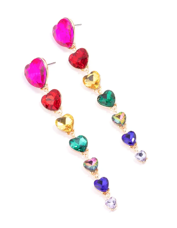 Trendy earrings with mixed metals-Gold Multi Heart Drop Earrings