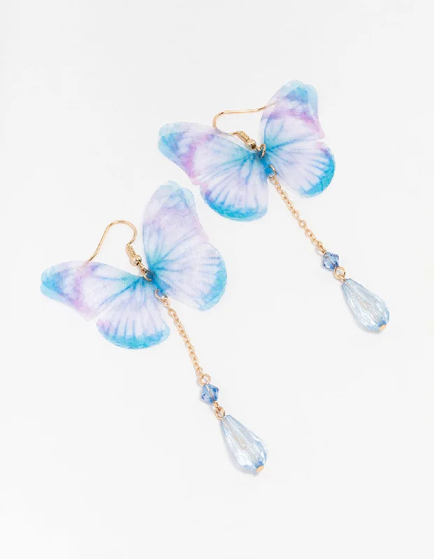 Beautiful earrings with colored diamonds-Fabric Back Tie Dye Butterfly Drop Earrings