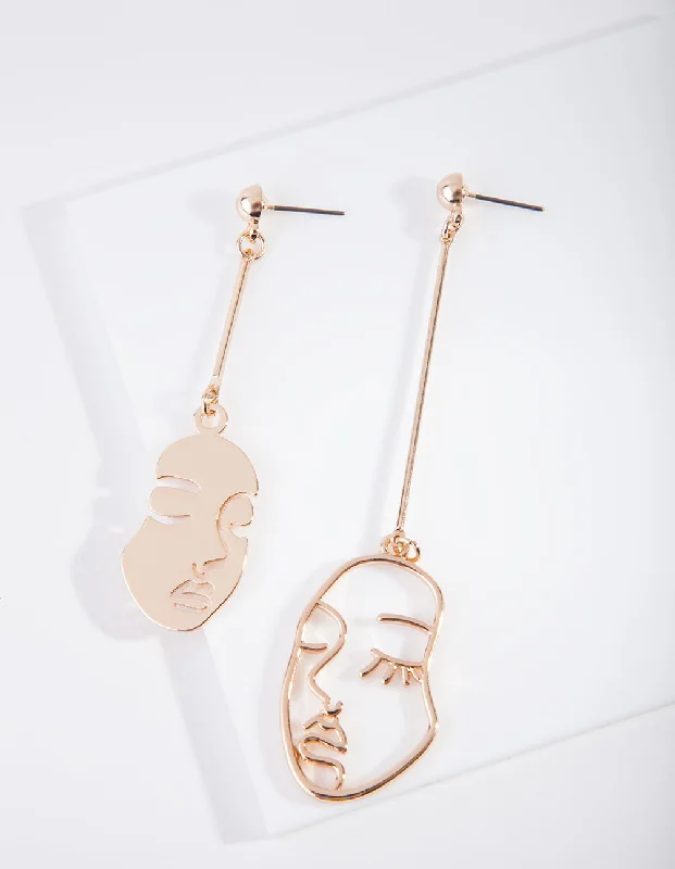 Elegant long earrings for women-Gold Mismatched Face Earrings