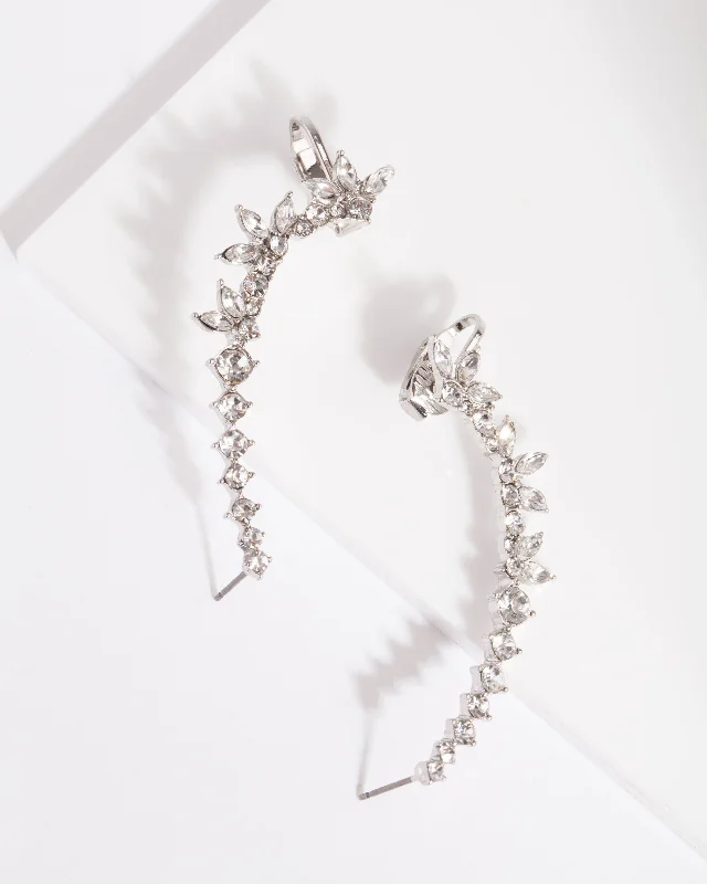 Trendy earrings with tassels-Silver Double Diamante Cuff Earrings