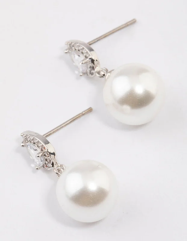 Simple earrings with diamonds-Silver Diamante Pear & Pearl Drop Earrings