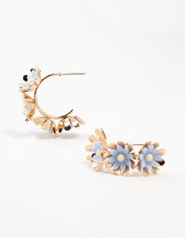 Unique earrings with zirconia accents-Gold Layered Blue Flower Hoop Earrings