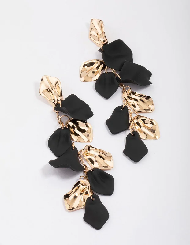 Statement earrings with tassels-Black & Gold Petal Long Drop Earrings