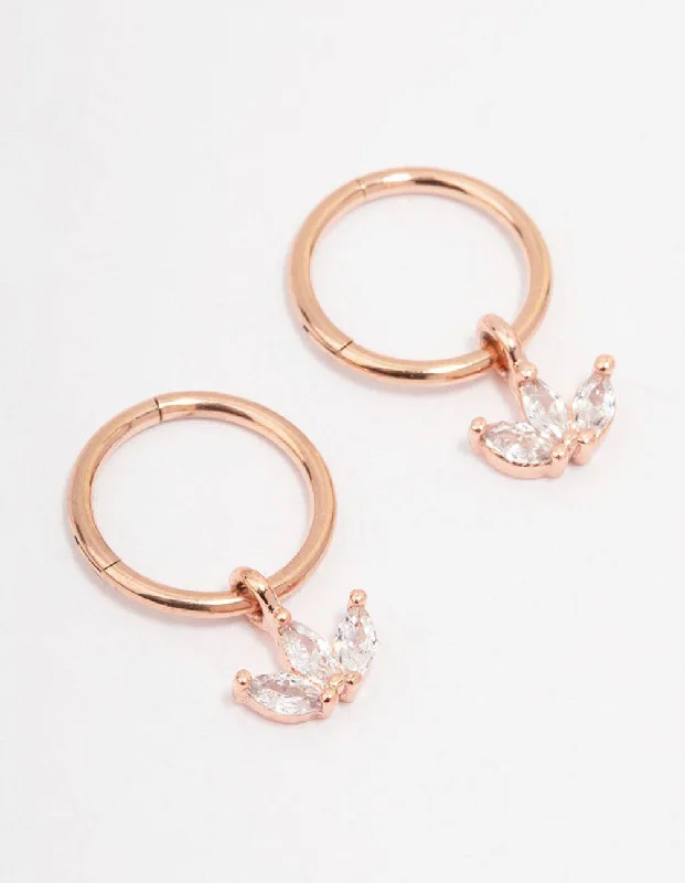 Unique earrings with black diamonds-Rose Gold Plated Surgical Steel Cubic Zirconia Trio Marquise Hoop Earrings