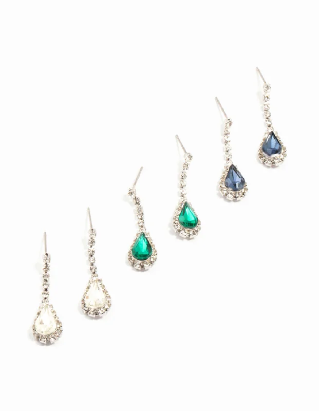 Dainty earrings with minimalist design-Silver Teardrop Diamante Drop Earrings 3-Pack