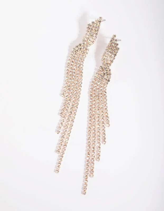 Classic hoop earrings for women-Rose Gold Diamante Twisted Drop Earrings