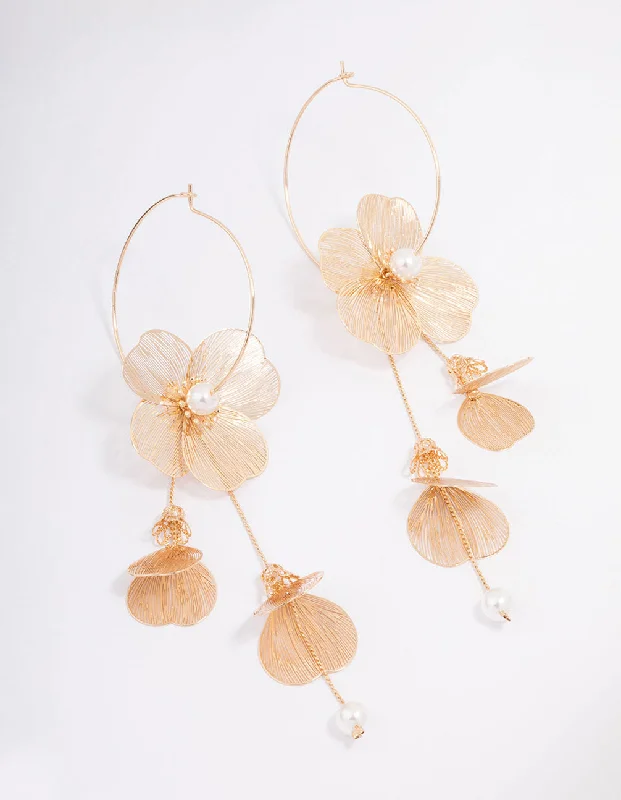 Fashionable hoop earrings with charms-Gold Textured Petal Pearl Drop Earrings