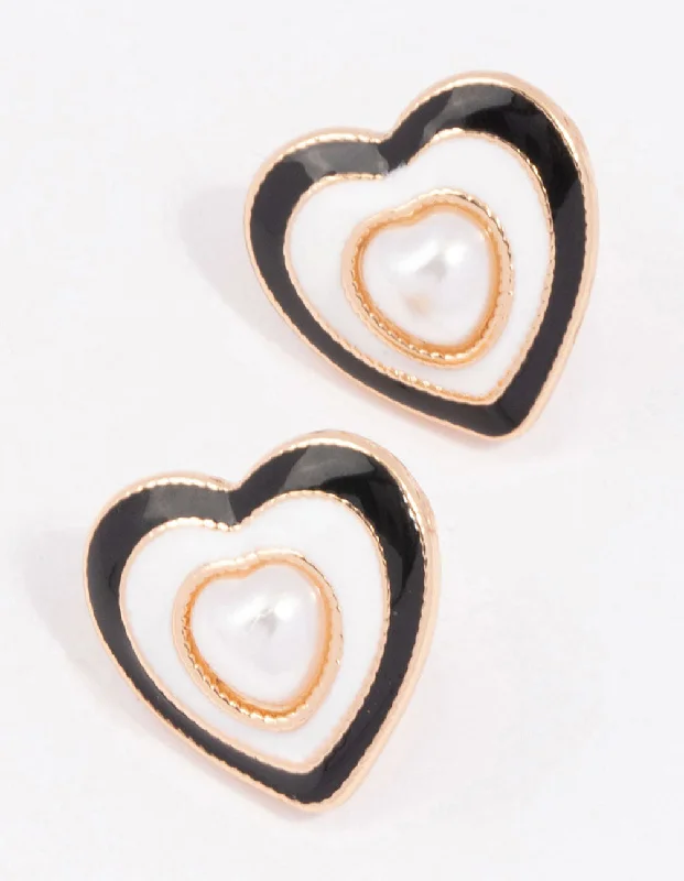 Classic pearl drop earrings-Gold Acrylic Pearl Heart Stud Earrings