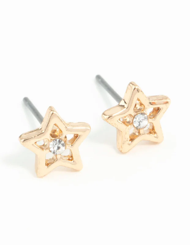 Elegant diamond drop earrings-Gold Star Diamante Stud Earrings