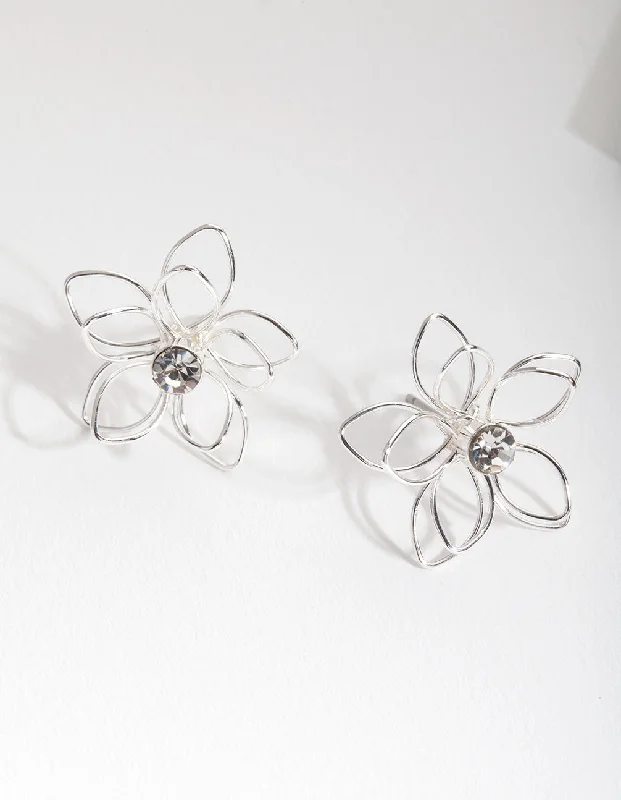 Vintage-style earrings for women-Silver Dainty Diamante Flower Earrings