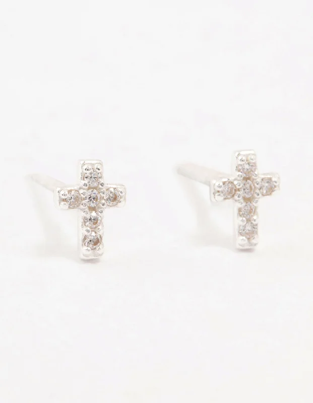 Stylish drop earrings with crystals-Cubic Zirconia Cross Sterling Silver Stud Earrings