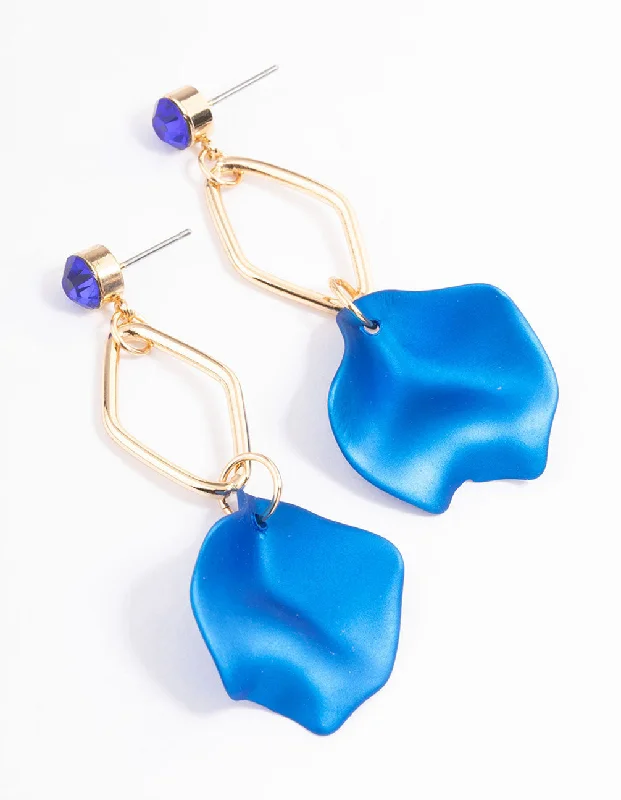 Unique earrings with zirconia accents-Blue Diamante Open Petal Drop Earrings