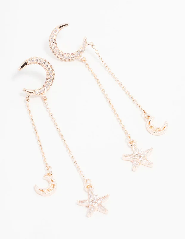 Elegant earrings for brides-Rose Gold Plated Cubic Zirconia Moon & Star Drop Earrings