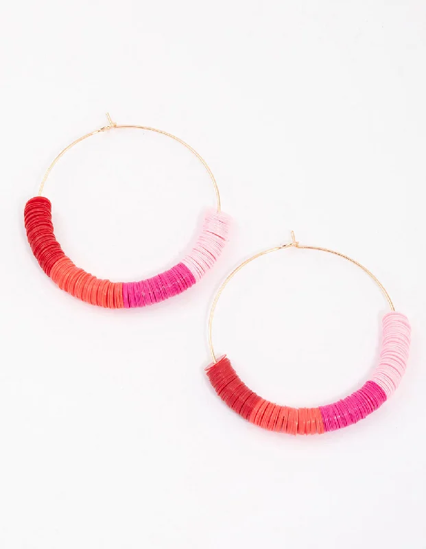 Modern stud earrings for women-Pink Flat Disc Beaded Wire Hoop Earrings