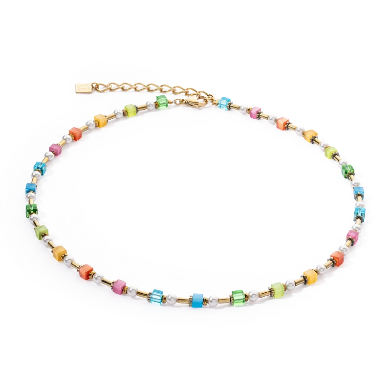 Simple gold necklaces for daily wear-Necklace Mini Cubes & Pearls Mix gold-rainbow