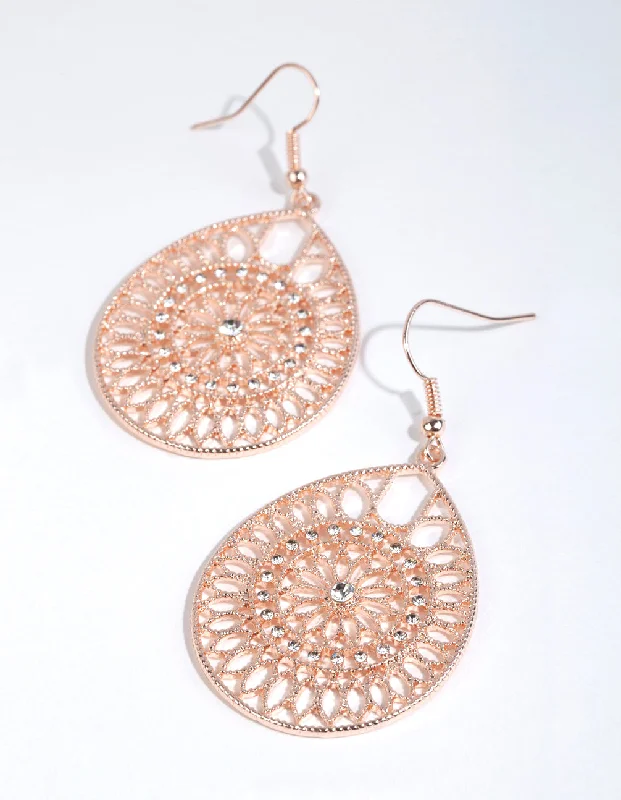 Stunning gemstone earrings with diamonds-Rose Gold Diamante Filigree Teardrop Earrings