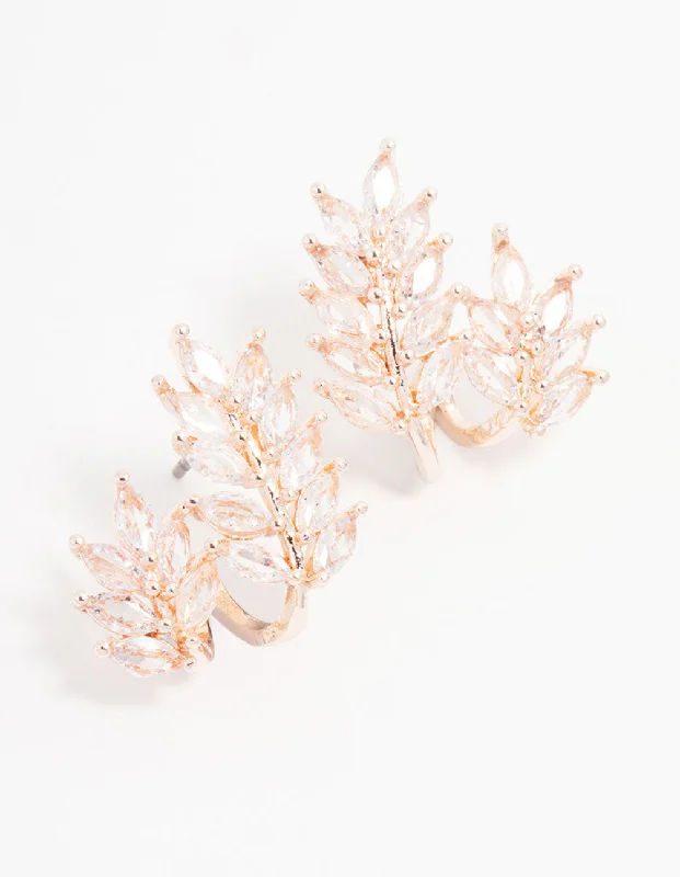 Classic pearl drop earrings-Rose Gold Plated Cubic Zirconia Roman Leaf Crawler Earrings