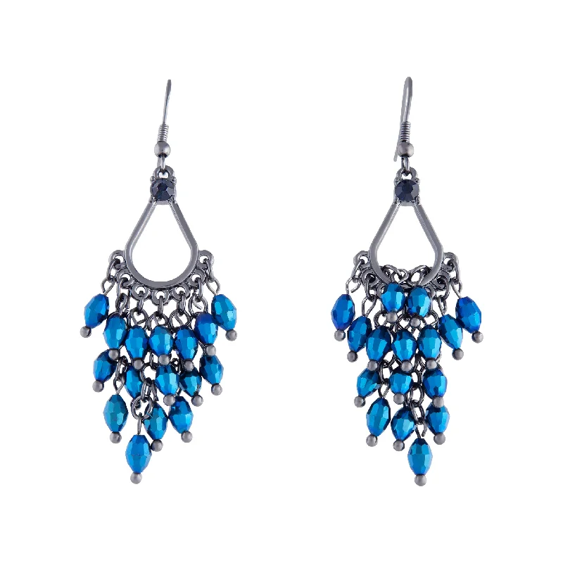 Stylish drop earrings with crystals-Gunmetal Midnight Blue Glass Bead Chandelier Earrings