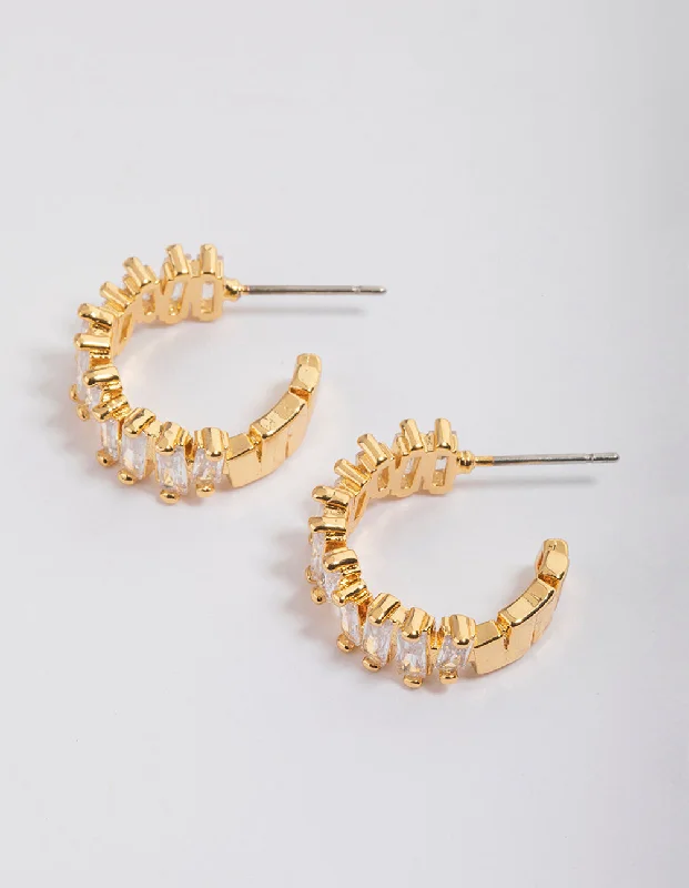 Classic hoop earrings for women-Gold Plated Organic Cubic Zirconia Baguette Hoop Earrings