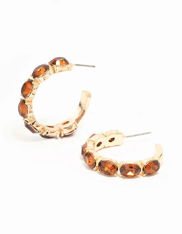 Simple gold stud earrings-Gold Oval Amber Diamante Hoop Earrings