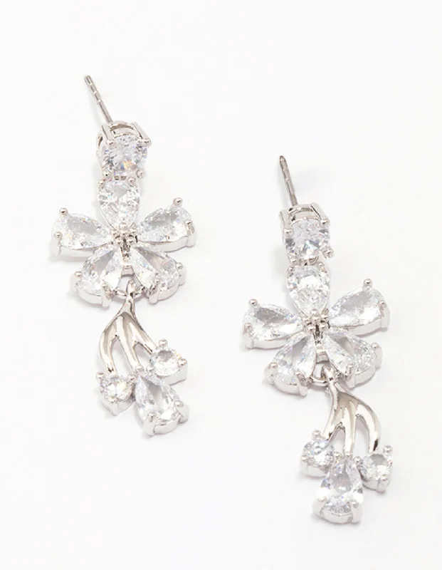 Classic pearl earrings for women-Silver Cubic Zirconia Flower Small Drop Earrings