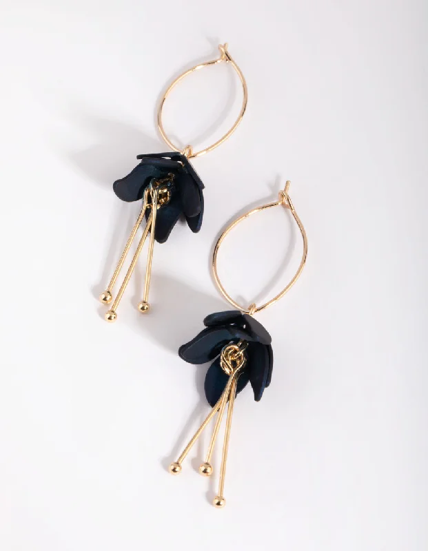 Vintage-style earrings for women-Navy Flower Drop Earrings