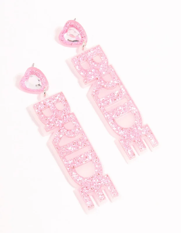 Beautiful earrings with jade stones-Pink Acrylic Heart Bride Drop Earrings