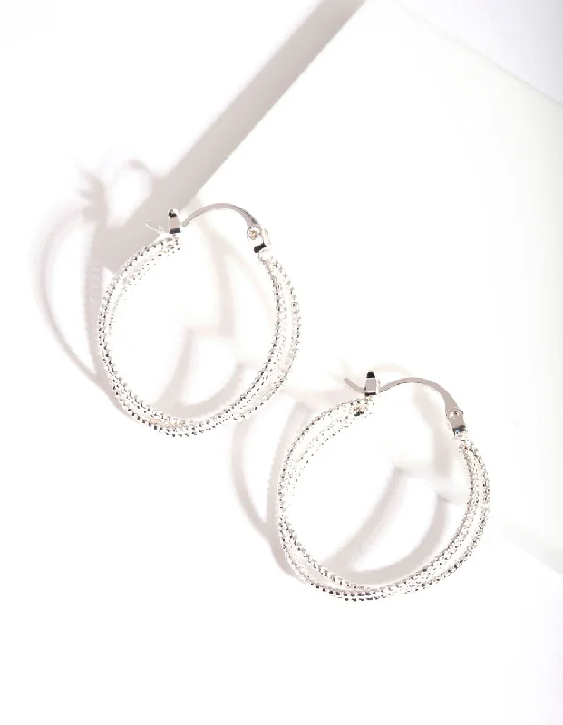 Stunning earrings with aquamarine stones-Silver Stipple Double Hoop Earrings