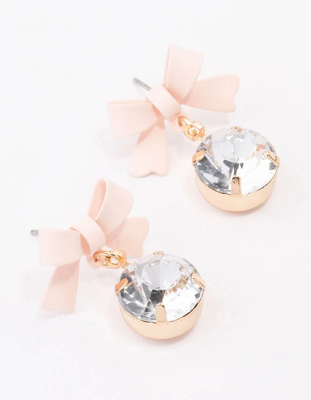 Gorgeous chandelier earrings for women-Blush Layered Diamante Bow Drop Earrings