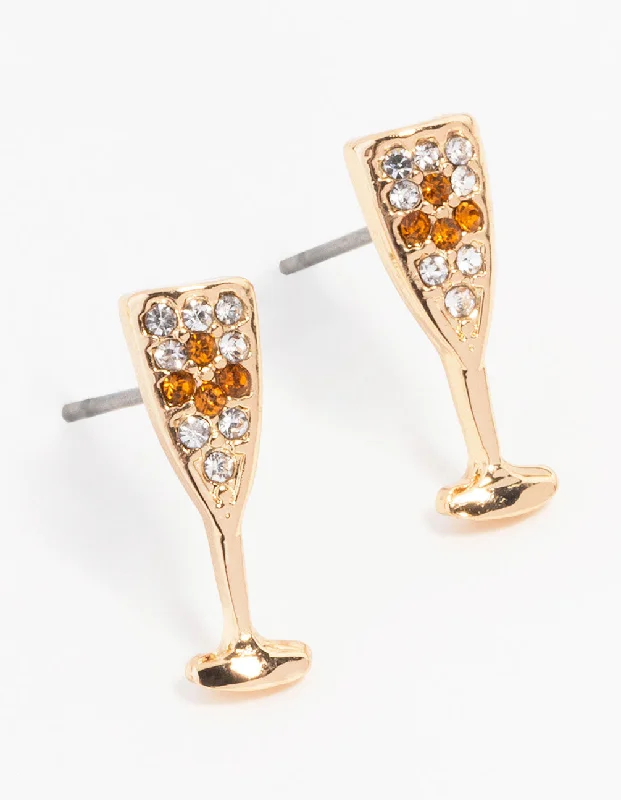 Stylish gold earrings with garnet stones-Gold Champagne Flute Stud Earrings