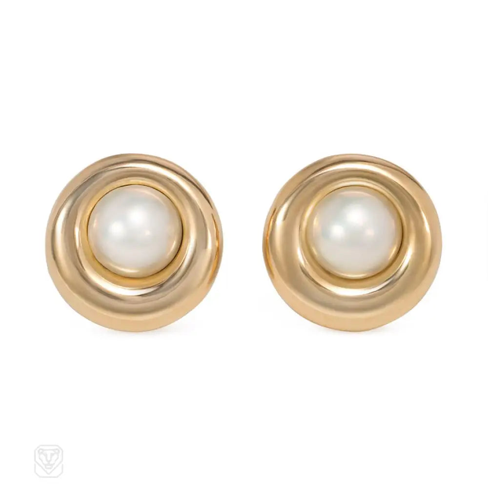 Trendy earrings with mixed metals-Gold and pearl button earrings, Chaumet