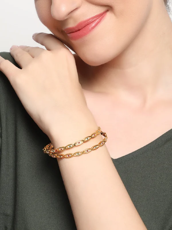 Simple yet stylish bracelets with charms-Multi-Color Gold Plated Set Of 2 Bangle Set