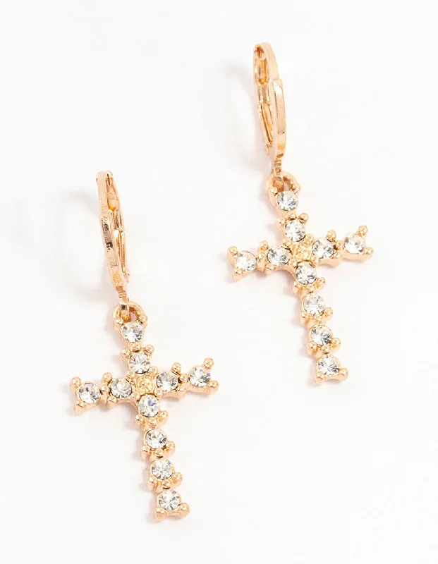 Vintage-style earrings for women-Gold Cross Bohemia Czech Crystal Huggie Drop Earrings