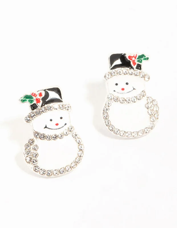 Unique gemstone earrings for women-Diamante Snowman Silver Earrings