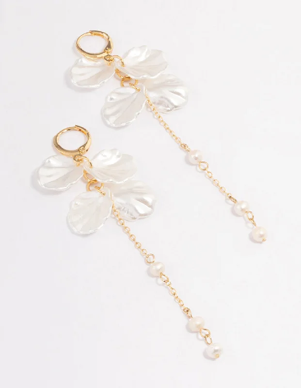 Elegant earrings for brides-Gold Plated Large Petal Freshwater Pearl Drop Huggie Earrings