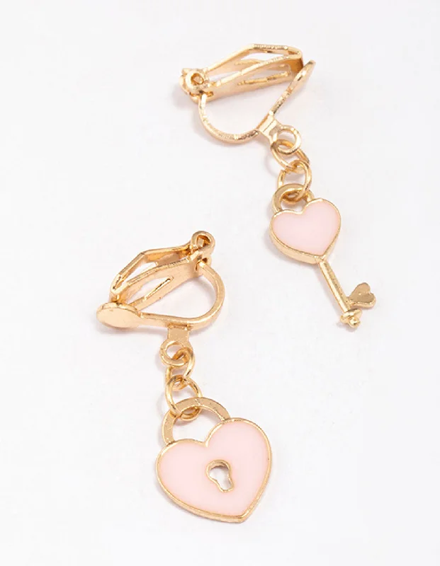 Elegant diamond drop earrings-Pink Heart & Lock Clip-On Earrings