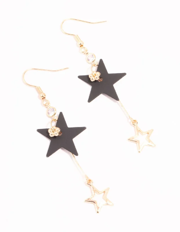 Beautiful silver earrings with sapphires-Gold & Black Stars Drop Earrings