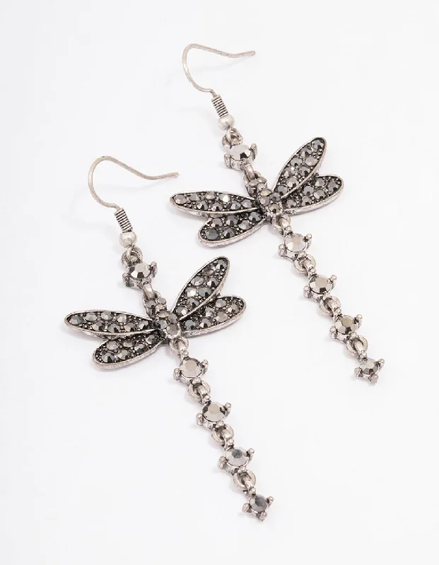 Fashionable hoop earrings with charms-Antique Silver Dragonfly Drop Earrings