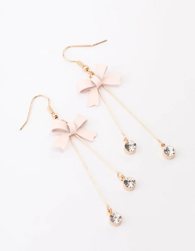 Simple gold stud earrings-Blush Diamante Bow Double Bar Drop Earrings