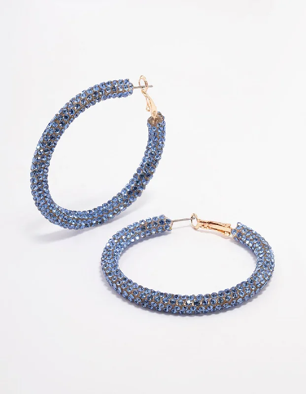 Classic diamond drop earrings for women-Blue Encrusted Hoop Earrings 40mm