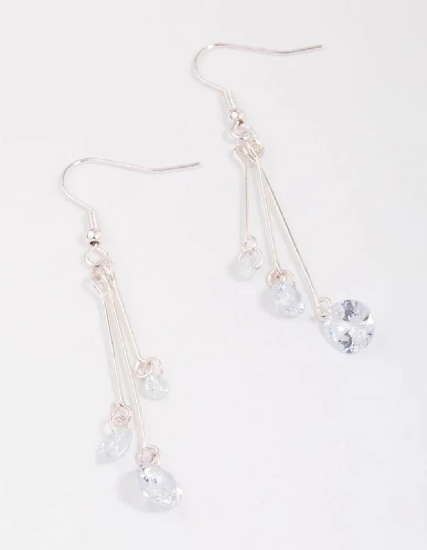 Elegant earrings with emeralds-Silver Triple Chain Diamante Drop Earrings