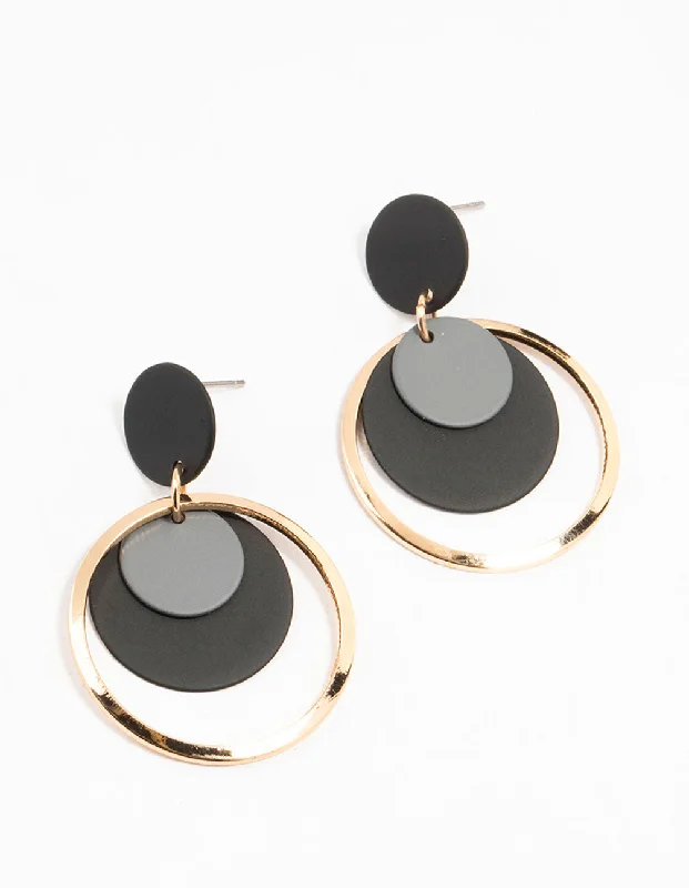 Personalized earrings with name engravings-Black Coated Layered Disc Drop Earrings