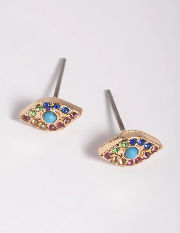 Trendy earrings with geometric patterns-Gold Diamante Evil Eye Stud Earrings