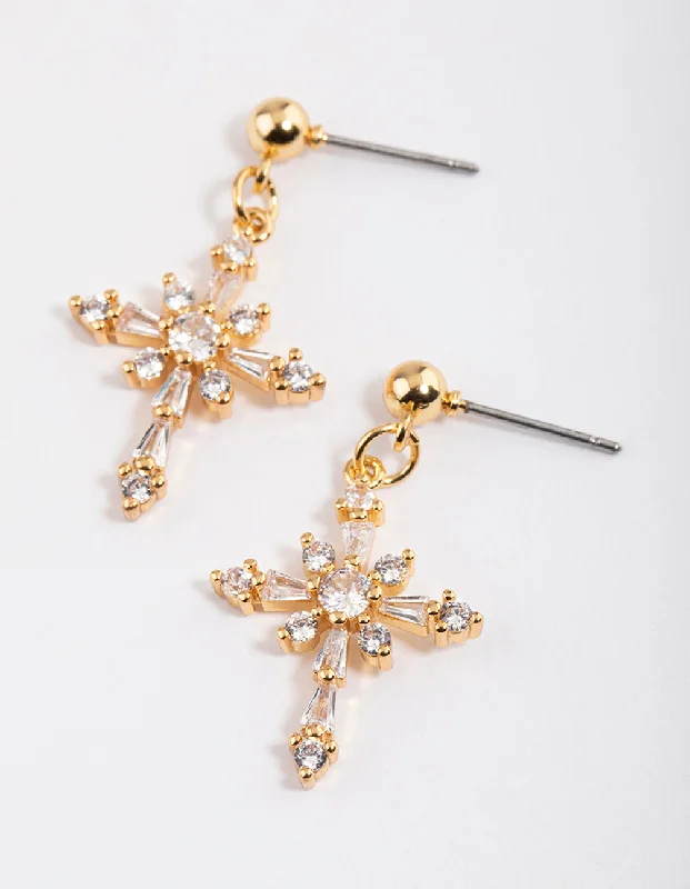 Elegant earrings with ruby accents-Gold Plated Cubic Zirconia Ornate Cross Drop Earrings