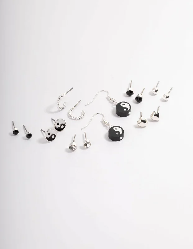 Affordable earrings for evening wear-Silver Fimo Yin & Yang Earrings 8-Pack