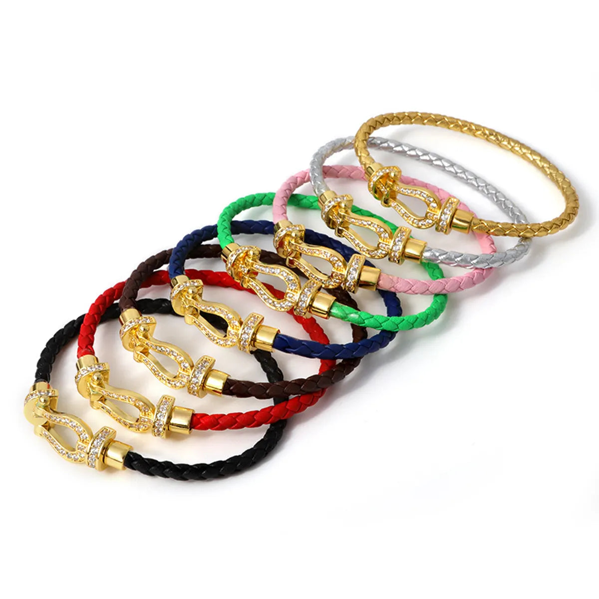 Trendy bangles with mixed metals-Simple Style Commute Horseshoe Zircon Leather Rope Copper Wholesale Bangle