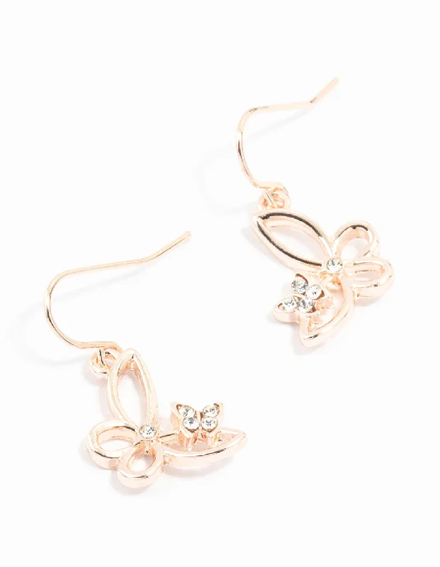 Chic earrings for evening events-Rose Gold Diamante Butterfly Cut Out Drop Earrings