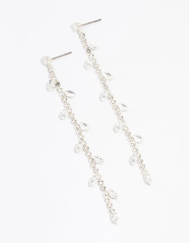 Statement earrings with multi-colored gemstones-Silver Diamante Leaf Cup Chain Drop Earrings