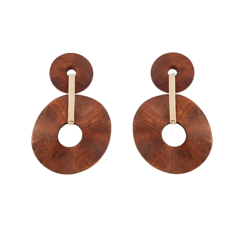 Chic earrings for formal events-Brown Wooden Wavy Disc Earrings